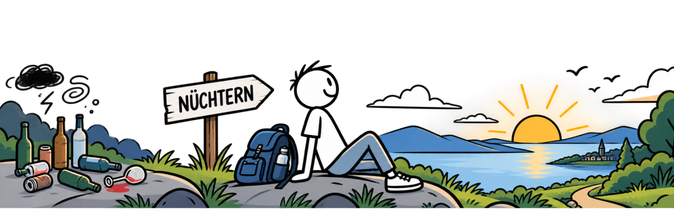 nuechtern-leben-ohne-alkohol.png Weg vom Alkohol in ein nüchternes Leben – eine Person folgt dem Wegweiser „Nüchtern“.