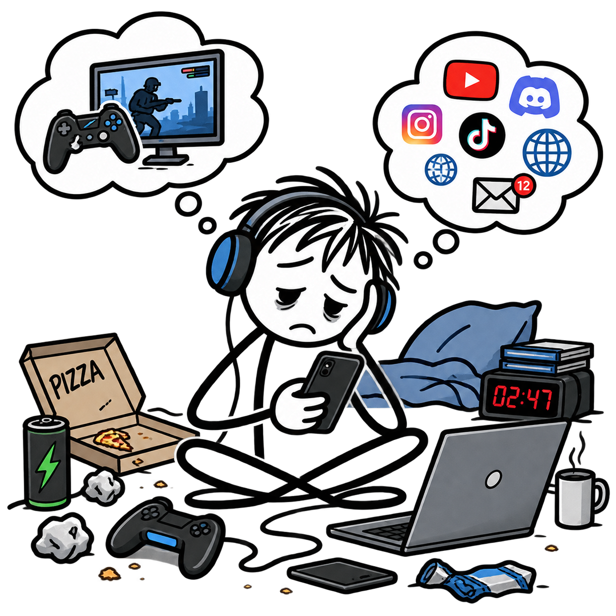 Problematisches Gaming und Online-Nutzung: übermüdet zwischen Smartphone, Computer, Social Media und Spielen.
