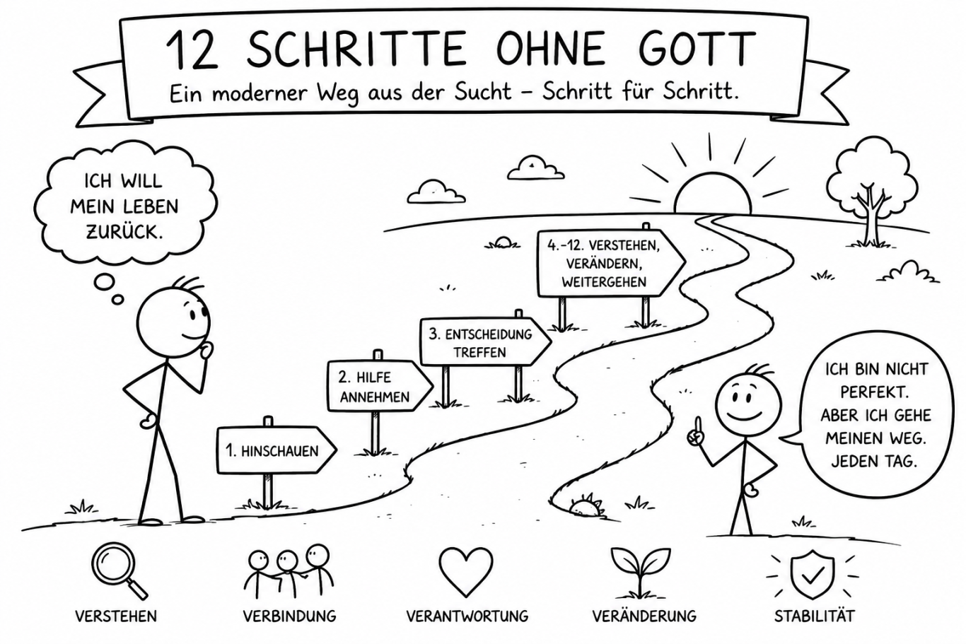 12 Schritte ohne Gott: ein säkularer Weg aus der Sucht mit Hinschauen, Hilfe, Veränderung und Stabilität.