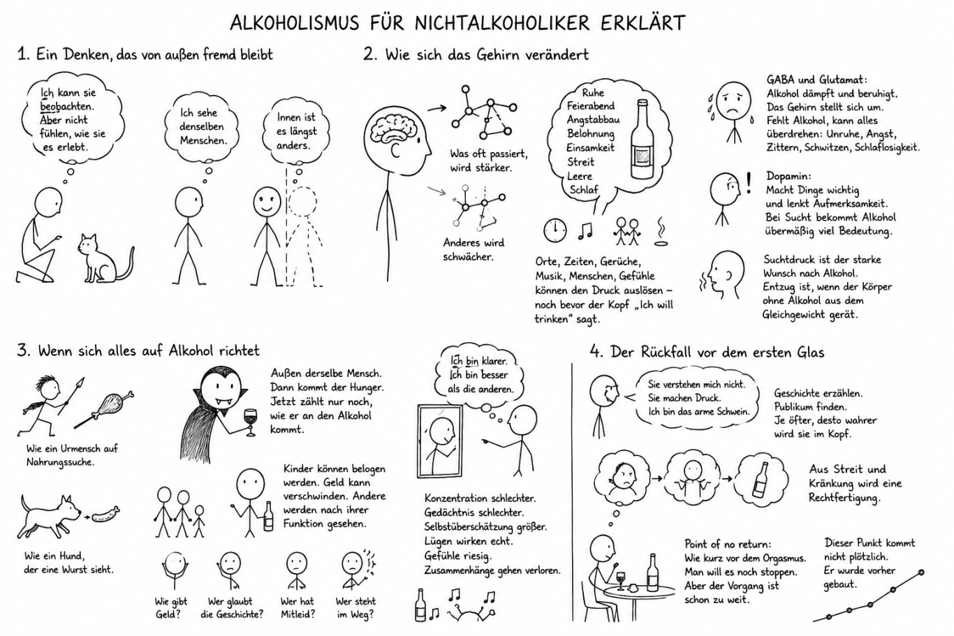 Alkoholabhängigkeit für Angehörige erklärt: verändertes Denken, Suchtdruck und Rückfall vor dem ersten Glas.